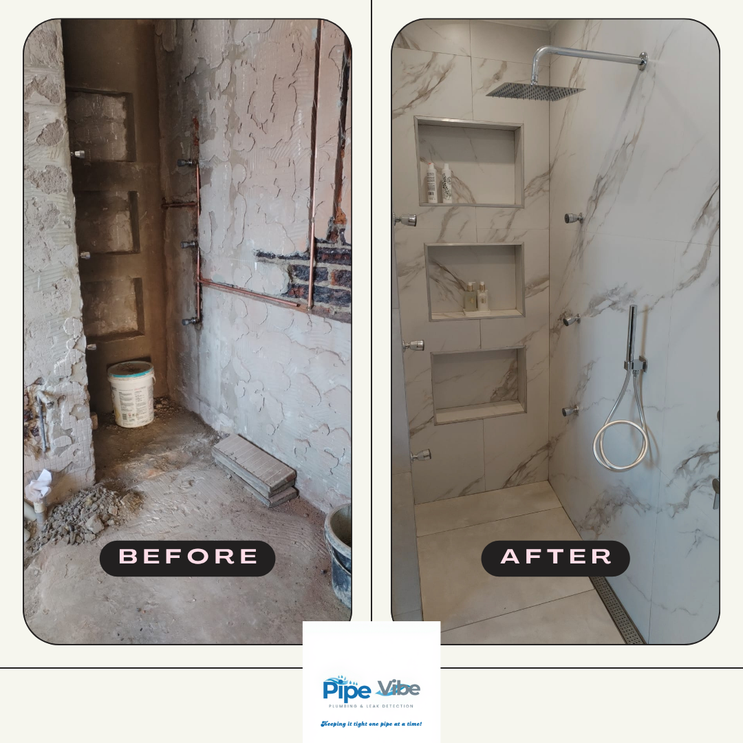 Before and after photo of a shower rebuilt and re-tiled by Pipe Vibe